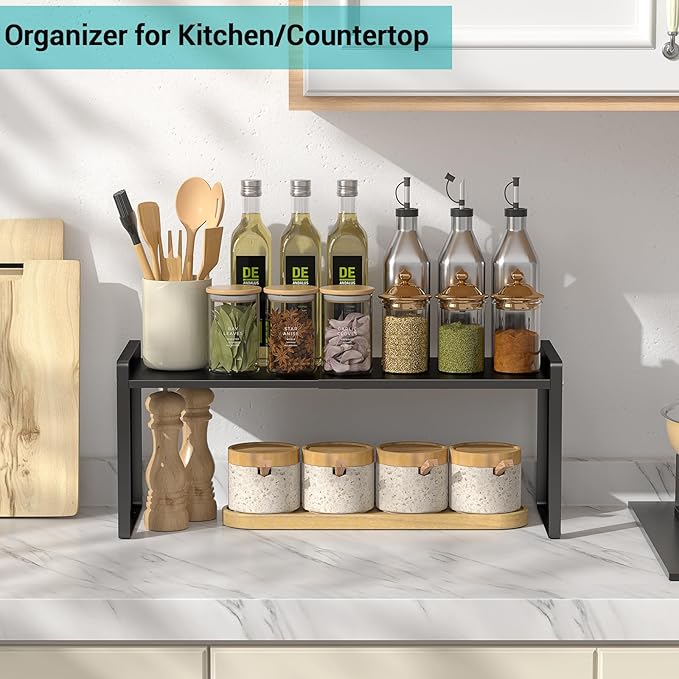 Astrorhine Expandable Cabinet Organizer Shelves, 88lbs High Weight Capacity, Heavy-Duty Metal Storage Rack, Adjustable Cabinet Shelf for Kitchen, Pantry, Cupboard, Under Sink, Black, Patent Pending