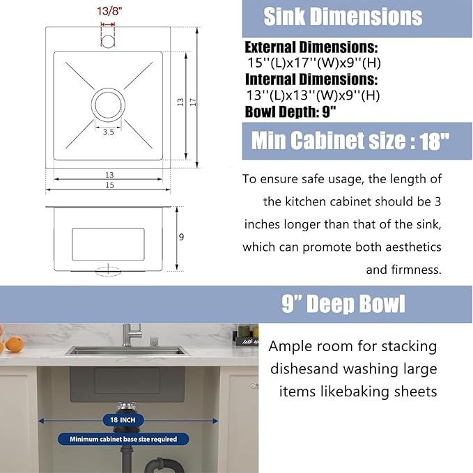 15x17 Inch Bar Sink Drop In, Topmount Kitchen Sink Stainless Steel Square Small Sinks, Single Bowl Kitchen Sinks for Laundry Wet Bar Prep RV Office Outdoor Yard VALISY YJ1517SW