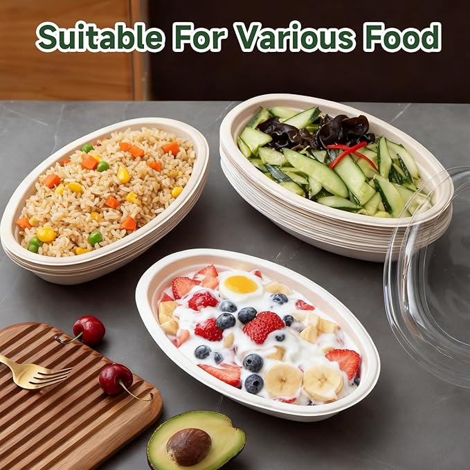 LOLYSIC 50 Pack Oval Paper Bowls with Lids, 28oz Chipotle Bowls, Disposable Food Containers with Lids, Paper Bowl for Burrito, Salads, Pasta, Nacho, Taco, Microwavable Meal Prep Containers