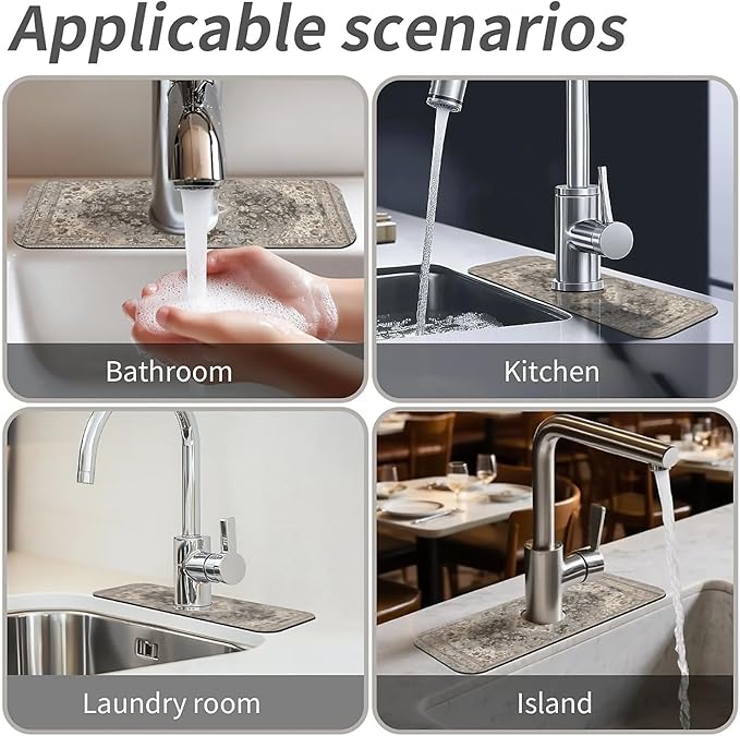 Kitchen Sink Splash Guard,Beige vintage Persian style Faucet Mat Sink Gadgets-Super Absorbent Fast Drying Mat Drip Catcher for Kitchen, Bathroom,Sink Mat, Dish Drying Mat, Bathroom(15" X 5.5" )