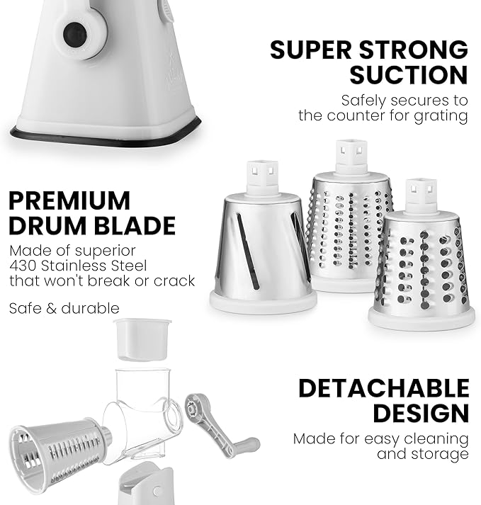 Zulay Kitchen Cheese Grater Hand Crank, Grater For Kitchen With Reinforced Suction - Rotary Cheese Grater With 3 Replaceable Stainless Steel Blades - Easy to Use & Clean - Vegetable Cutter - White