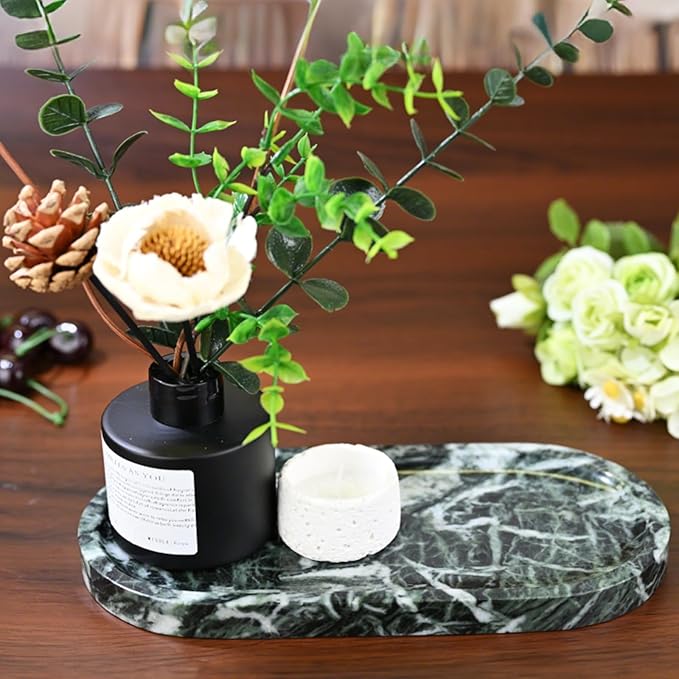 SWRONP Marble Tray for Kitchen Counter,Stone Tray for Bathroom Countertop,Dresser Vanity Decor Tray,Storage Trays for Perfumes,Candles,Jewelry (Dark Green)