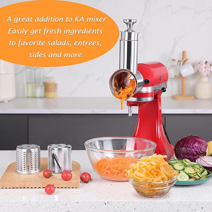 FavorKit Fresh Prep Slicer Shredder Attachment for KitchenAid Stand Mixers, Stainless Steel Large Salad Maker,Cheese Grater Accessories with 3 Thick Blades,Dishwasher Safe