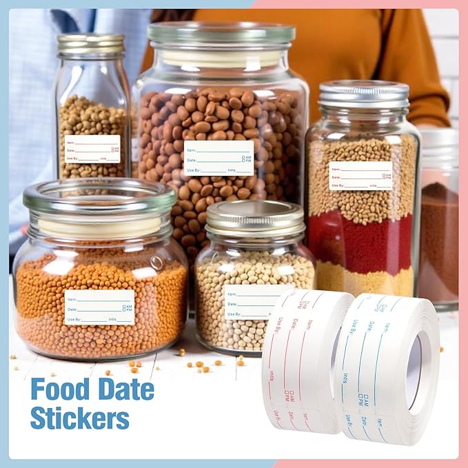 4 Rolls 2000 Pieces Removable Food Labels, 1 x 2 Inch Date Stickers for Freezer, Refrigerator Food Containers - Easy to Write On