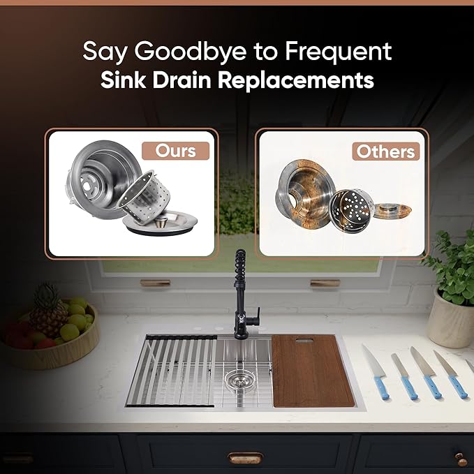 Strictly Sinks Sink Drain Strainer with Removable Basket - 3-1/2 Inch Stainless Steel Round Kitchen Sink Drain Assembly Kit with Deep Strainer Basket & Stopper (Silver)