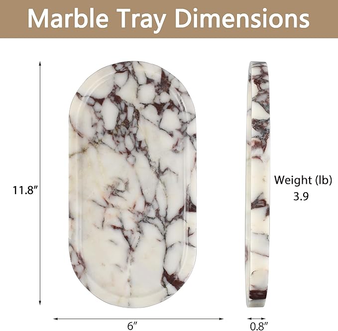 YMXYJM 100% Real Natural Marble Tray for Bathroom, Luxury Calacatta Viola Stone Vanity Tray, Decorative Oval Trays for Countertop Storage Organizer, Dresser, Kitchen, Home Decor, 11.8" x 6", Purple