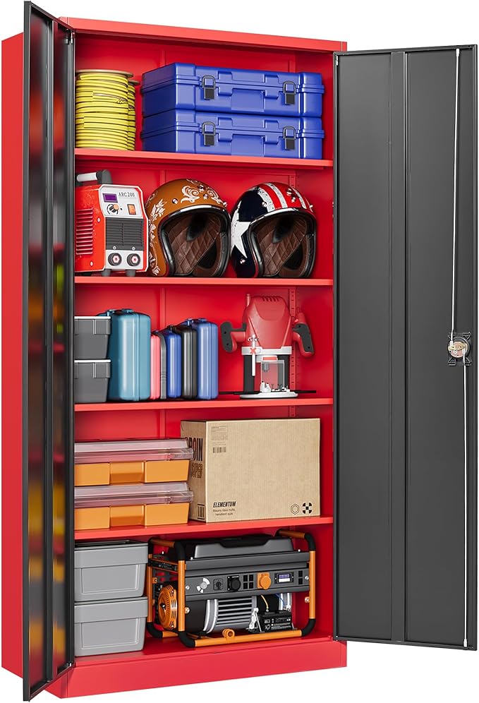 Letaya Metal Storage Cabinets with Lock, 72" Tall Locker Organizer Steel Cabinets, Adjustable Layers Shelves 2 Doors for Home, Office, Warehouse,Garage(Black Red)