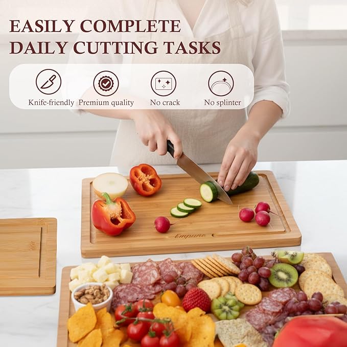 Empune Bamboo Cutting Board Set, Wood Cutting Boards for Kitchen with Holder Wooden Chopping Board for Meal Prep & Serving, Natural Bamboo