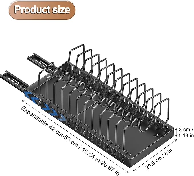 Expandable Pots and Pans Organizer Under Cabinet, Sliding Pot Lid Holder and Pan Rack in Kitchen, Pull out Kitchen Cabinet Storage, with 10 Adjustable Dividers