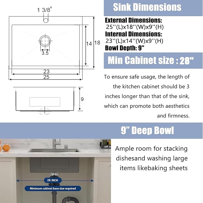 25x18 Inch Kitchen Sink Drop In, Topmount Kitchen Sink Stainless Steel Square Small Sinks, Single Bowl Kitchen Sinks For Laundry RV Office Outdoor Yard, VALYJ2518S