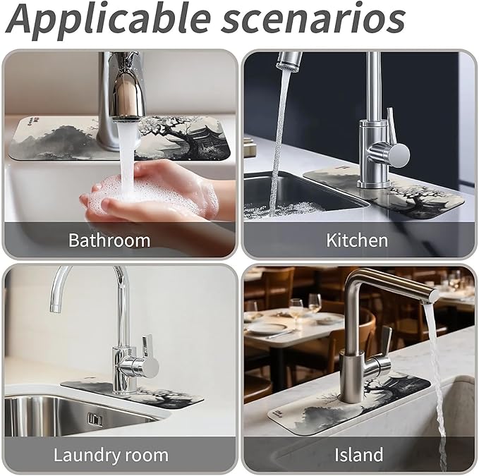 Kitchen Sink Splash Guard,Chinese ink landscape Faucet Mat Sink Gadgets-Super Absorbent Fast Drying Mat Drip Catcher for Kitchen, Bathroom,Sink Mat, Dish Drying Mat, Bathroom(15" X 5.5" )