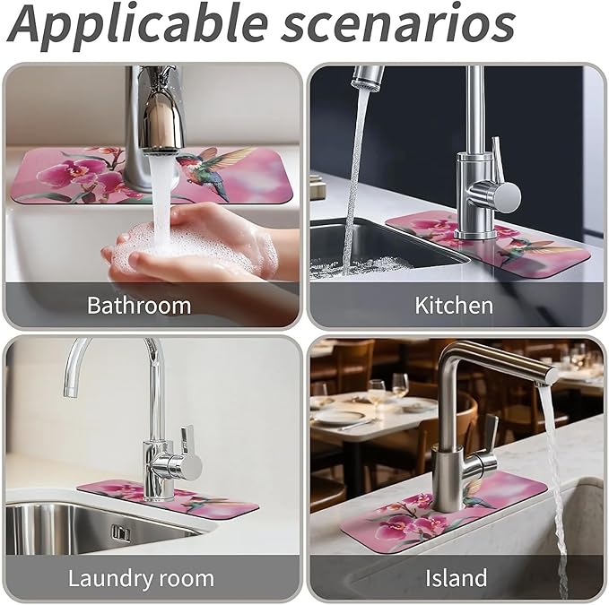 Kitchen Sink Splash Guard,Hummingbird, orchid Faucet Mat Sink Gadgets-Super Absorbent Fast Drying Mat Drip Catcher for Kitchen, Bathroom,Sink Mat, Dish Drying Mat, Bathroom(15" X 5.5" )