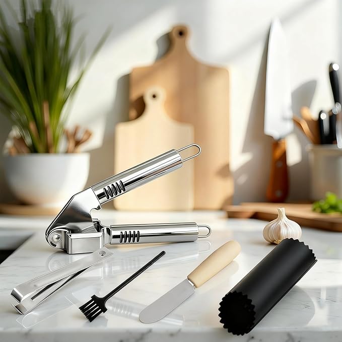 MANJIA Garlic Press and Peel Set Stainless Steel- Rust Proof Garlic Mincer Tool - Easy-Squeeze, Easy-Clean Silicone Garlic Peeler & Brush (Black)