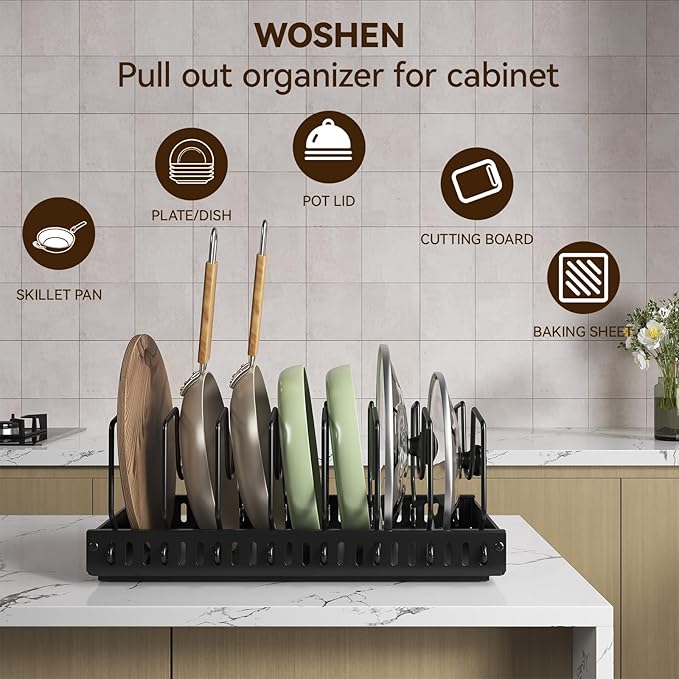 Pots and Pans Organizer Under Cabinet, Pull Out Pots and Pans Organizer, Expandable Sliding Lid Holder and Pan Rack for Pot Lid, Bakeware, Dishes, 10 Adjustable Dividers