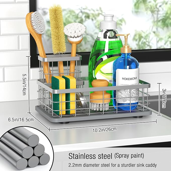 Large Family-Sized Sponge Holder for Kitchen Sink, Sink Caddy Organizer with Brush Holder - Drain-Free Non-Slip Base, Stainless Steel with Rust-Resistant Coating-10.24" L x 6.5" W x 5.83" H