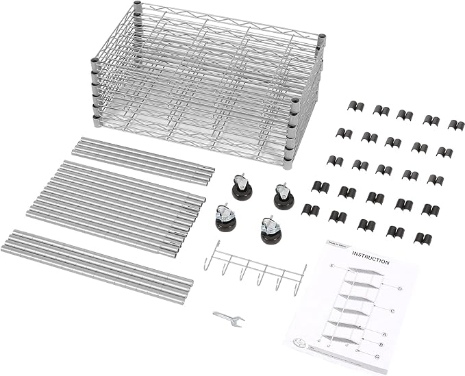 Homdox 6-Tier Storage Shelf Wire Shelving Unit Free Standing Rack Organization with Caster Wheels, Stainless Side Hooks, Silver Gray | Rack Organization, with Caster Wheels, Stainless Side Hooks