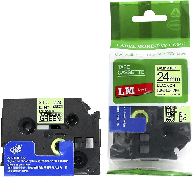 2/Pack LM Tapes - LMeD51 Premium 1" Black Print on Bright Green Label Compatible with Brother TZe-D51 P-Touch and Includes Tape Color/Size Guide. Replaces TZeD51 24mm 0.94 Laminated