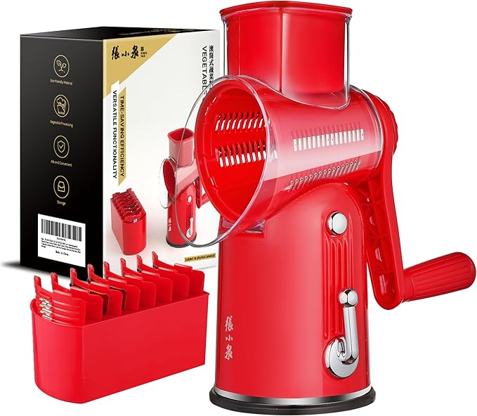 Rotary Cheese Grater Hand Crank with 5-in-1 Interchangeable Blades & Strong Suction Base Vegetables Shredder Manual Slicer for Kitchen, Red