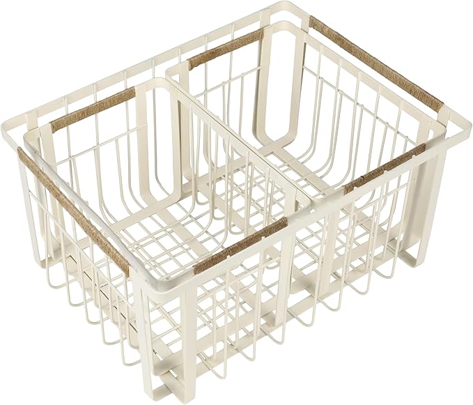 happimess BSK3003C-3SET Henley Vintage Farmhouse Wire Metal Nesting Storage Baskets with Jute Wrapped Handles for Shelves, Cabinets, Pantry, Countertop, Mesh Open Bin Basket, Almond (Set of 3)