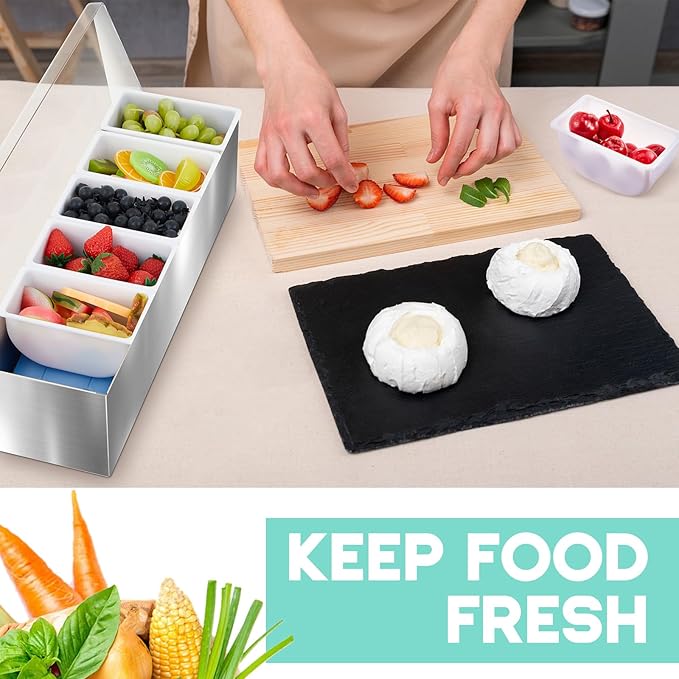 Mifoci 1 Pack Stainless Steel Chilled Condiment Server 6 Removable Slot Toppings Containers with Lid and Bottom Ice Bar Garnish Tray with 9 Silverwares 4 Ice Boxes for Christmas Party, Events and Bar