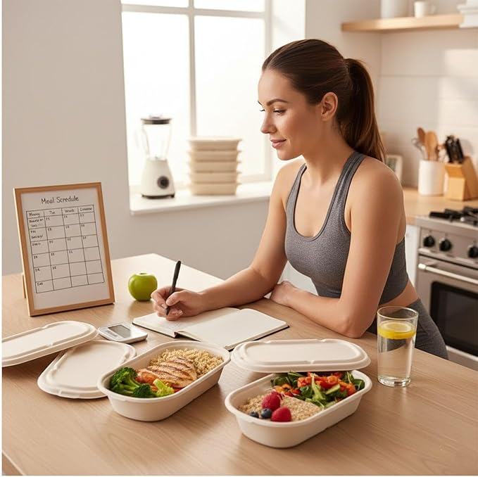 SharpRealm 24oz Disposable Meal Prep Food Containers with Lids and Forks, 50 Pack Sugarcane Fiber Pulp Paper Take-Out Boxes, Microwave and Freezer Safe for Lunch, Salads, Home or Restaurant Use