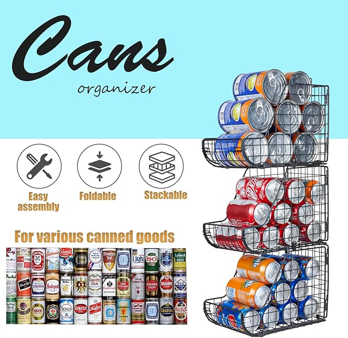 X-cosrack Stackable Can Organizer for Pantry 3Pack,Standing Dispenser Storage Bins,Metal Wire Basket Beverage Pop Soda Rack Stand Kitchen Pantry Countertop Cabinets,Stacking Canned Food Holder