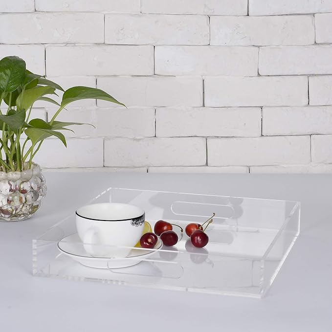 KEVLANG Clear Sturdy Acrylic Serving Tray with Handles - 10x10Inch - Coffee, Appetizer, Breakfast, Butler Tray - Kitchen Countertop & Vanity Table Organizer