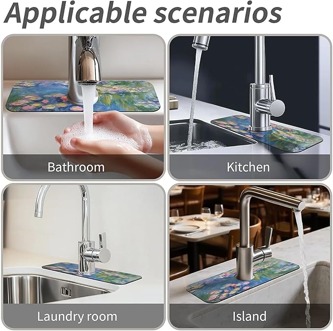 Kitchen Sink Splash Guard,Lotus in the pond Faucet Mat Sink Gadgets-Super Absorbent Fast Drying Mat Drip Catcher for Kitchen, Bathroom,Sink Mat, Dish Drying Mat, Bathroom(15" X 5.5" )