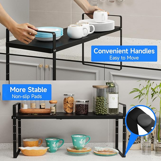 KIKIBRO Expandable Cabinet Shelf Organizer, Stackable Kitchen Pantry Counter Storage, Adjustable Closet Cupboard Stand Rack Risers Spice Organization 80LBS Heavy Duty Black 2 Pack