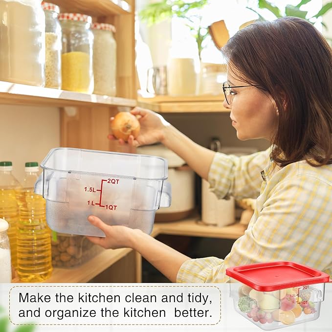 Suclain 2 Pcs Square Food Storage Container Polycarbonate Clear Food Container with Lid Commercial Rice Storage with Graduations for Commercial Kitchen(2 Qt,4 Qt,Red)