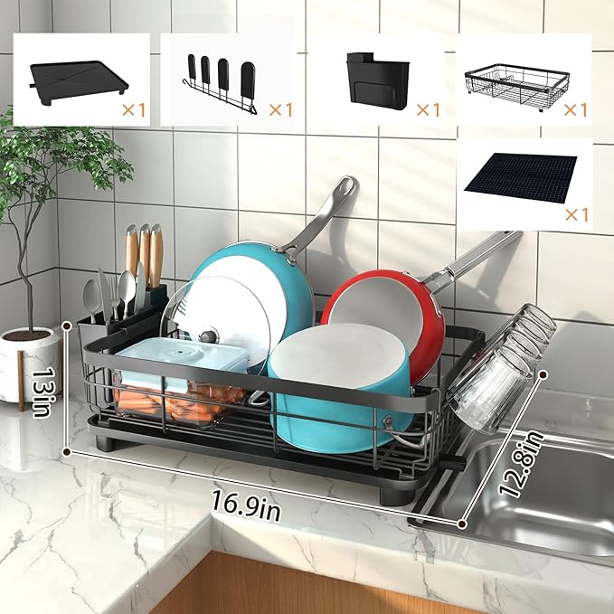 Godboat Dish Drying Rack, Dish Rack with Auto-Drain & Mat, Dish Drainers for Kitchen Counter, Glass Organizer for 4 Cups, 3 Slots Utensil Holder,Gifts for Women Mothers Day, Kitchen Gadgets & Decor