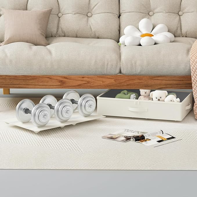 Under Bed Storage with Wheels, No Assemble Required 5.5 inches height beige under bed storage bins,Low Profile Rolling Underbed Shoe Storage containers,dorm underbed storage drawers