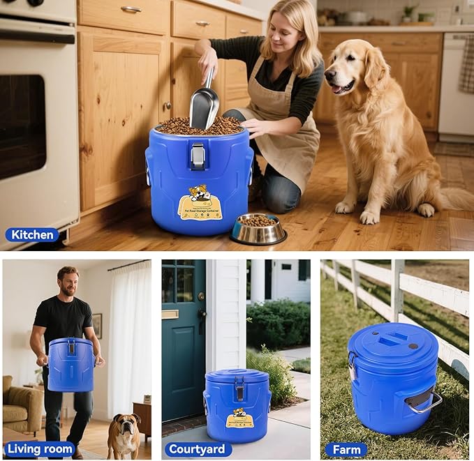 Newget 15lb Dog Food Storage Container, Stainless Steel Airtight Pet Food Storage Container and Durable Plastic Food Container, Large Metal Cat Food Container with Lid and Scoop to Keep Fresh