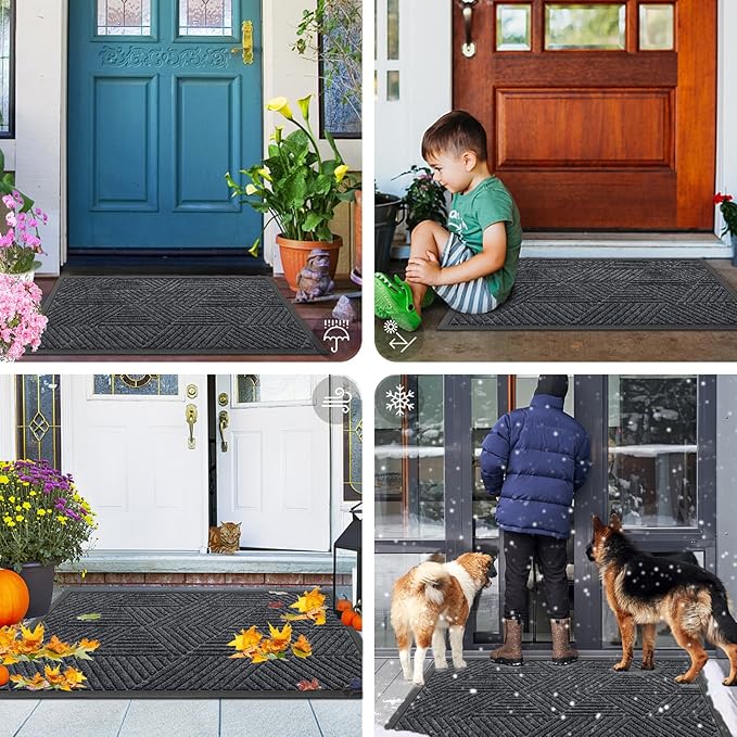 Smiry Front Door Mat Outside Entrance, Heavy Duty Sturdy Natural Rubber Doormat, Trap Dirt and Moisture, Easy Clean Low Profile Mats for Indoor Outdoor Entry, Irregular Triangle (47x32, Silver Grey)