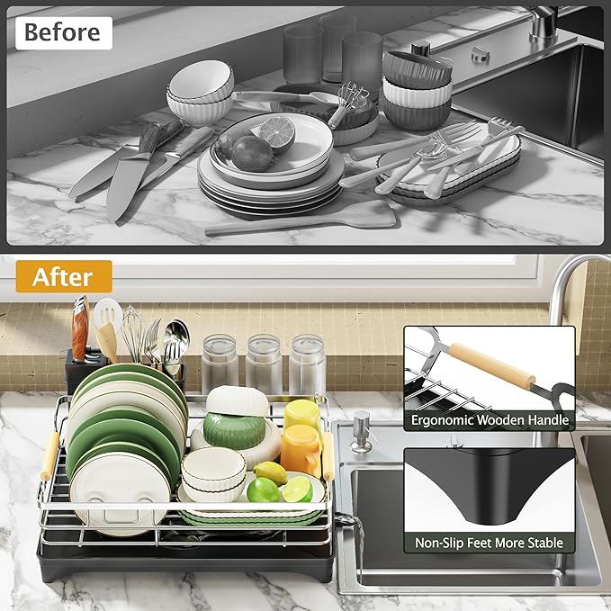 Epicano Dish Drying Rack for Kitchen Counter,Space-Saving Dish Rack,Rustproof Dish Drainer with Utensil Holder and Knife Slots for Sink,Kitchen Drying Rack with Wooden Handle and Cup Holder, Silver
