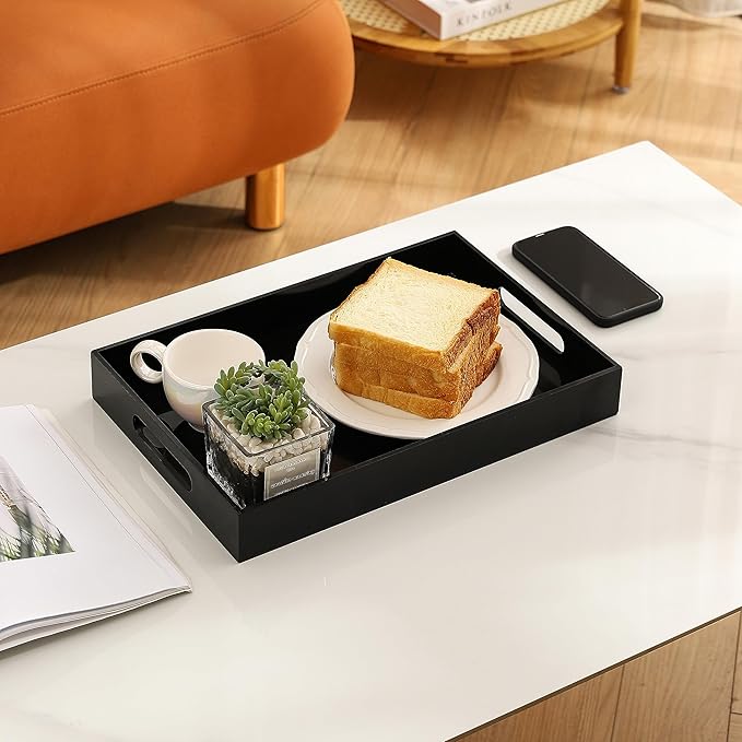 BEYLANG Glossy Black Sturdy Acrylic Serving Tray with Handles-12x20Inch-Serving Coffee,Appetizer,Breakfast,Butler-Kitchen Countertop Tray-Makeup Drawer Organizer-Vanity Table,Ottoman Tray-Decorative
