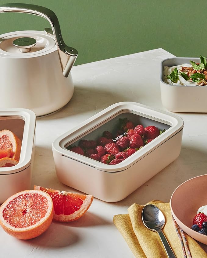 Caraway Glass Food Storage - 6.6 Cup Glass Container - Ceramic Coated Food Container - Non Toxic, Non Stick - Dishwasher, Oven, & Microwave Safe – Gray