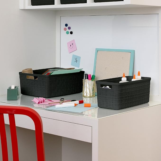 Curver Set of 6 Medium 12L Jute Decorative Plastic Organization and Storage Baskets - Perfect Bins for Home Office, Closet Shelves, Kitchen Pantry and All Bedroom Essentials, Black