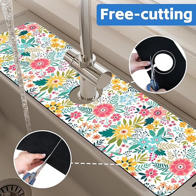Colorful Floral Leaves Berries Kitchen Sink Splash Guard Mat Absorbent Fast Drying Faucet Draining Mat Behind Faucet Drip Catcher for Kitchen Bathroom 5.5"24