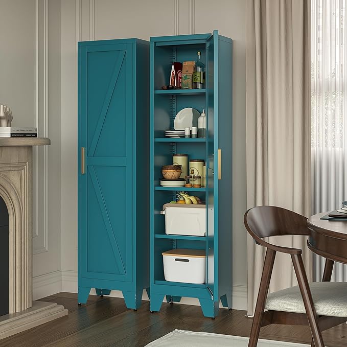 LCAOPC 67" Tall Narrow Bathroom Metal Storage Cabinet with 4 Adjustable Shelves, Freestanding 5 Tier Slim Pantry Storage Cabinet for Small Space, Peacock