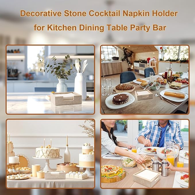 Shonmogar Cocktail Napkin Holder,Travertine Stone Napkin Holders Fit for 5”x5” Cocktail-Sized Napkins,Stone Napkin Holder for Table Kitchen Counter Dining Room Party Bar Decor,Beige