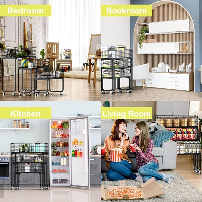 3-Tier Storage Rack Cart - Metal Shelving Unit with Wheels Kitchen Storage Garage Organizer Pantry Shelves Rolling Utility Shelf for Fruit and Vegetable Storage,Office/Bedroom/Basement