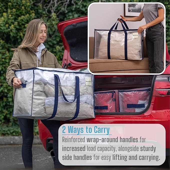 VENO 2 Pack Moving Bags and Large Christmas Storage Bins with lids. Alternative to Moving Boxes, Packing Supplies for College. Extra Large Heavy Duty Totes for Packaging (Clear, 2 Pack)