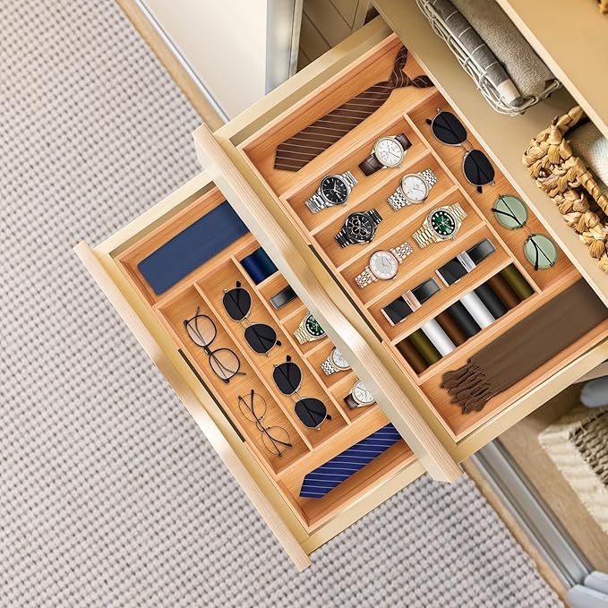 oridom Large Premium Bamboo Silverware Organizer - Expandable Drawer Organizer & Utensil Organizer - 17"x19.7" Cutlery Tray with Dividers for Kitchen Utensils and Flatware (7-9 Slots) (Natural)