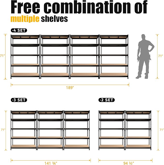 PrimeZone 47" W x 23.6" D x 71" H Large Heavy Duty Storage Shelves - 4 Pack 5 Tier Adjustable Garage Storage Shelving, Metal Storage Utility Rack Shelf Unit for Warehouse Pantry Closet Kitchen, Black