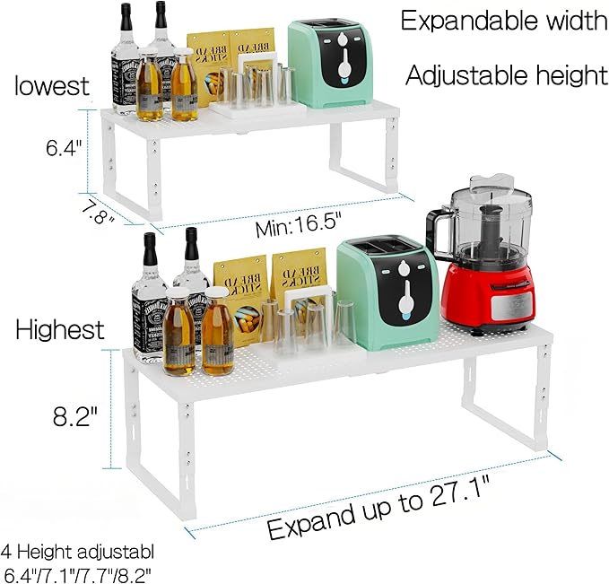 Zilvando Heavy-Duty Adjustable Metal Shelf Organizer - Expandable & Stackable Pantry Storage Rack for Kitchen, Bathroom, RV, Cabinets(2 Packs/White, Medium)