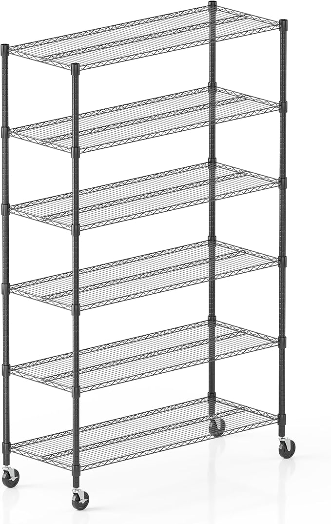 Homdox Heavy Duty Storage Shelves, 6 Tier Wire Shelving Unit with Wheels, Commercial Adjustable Metal Shelves for Storage, Garage Rack Pantry Shelves Kitchen Shelving, 18"x48"x82", Black