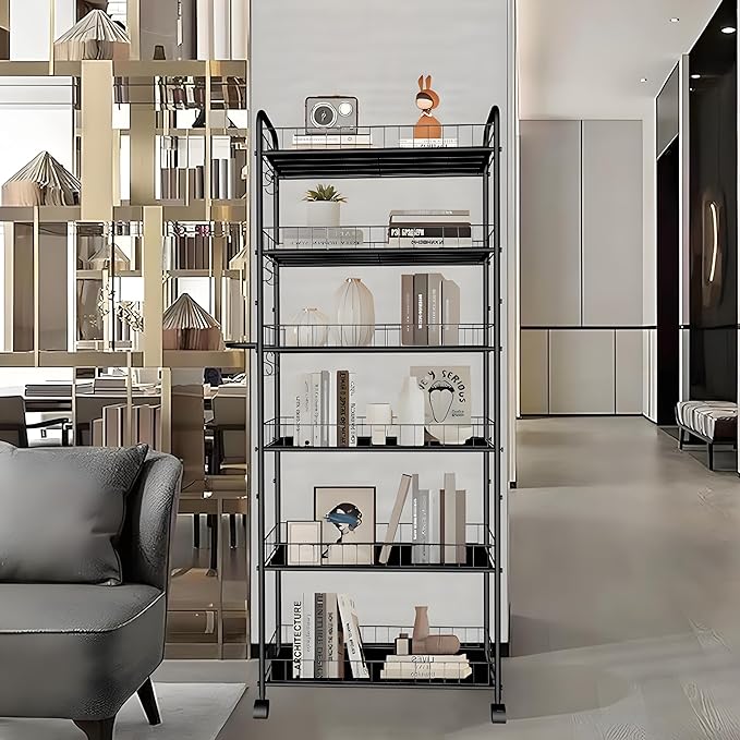 10in 6 Tier Slim Storage Cart with Wheels, Narrow Space Rolling Shelving Unit with Handle, Metal Wire Mobile Organizer Rack for Kitchen Bathroom Office Laundry