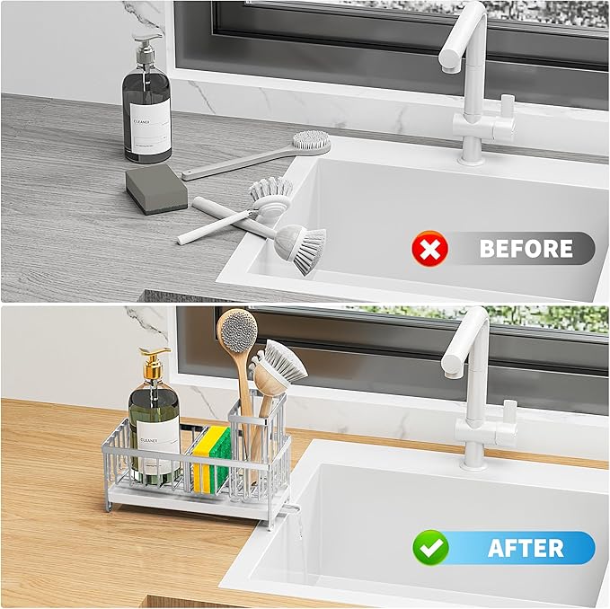 Cisily Silver Sponge Holder for Kitchen Sink, Sink Caddy Organizer with High Brush Holder, Kitchen Countertop Organizers and Storage Essentials, Rustproof 304 Stainless Steel, Soap Dispenser Organize