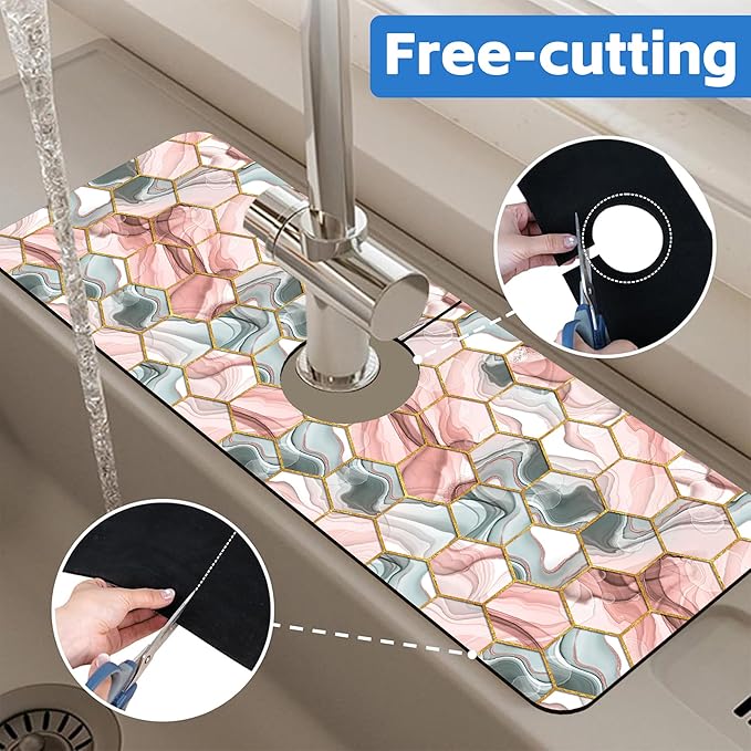 Abstract Gray and Red Hexagon Sink Faucet Absorbing Mat Sink Splash Guard Faucet Mat Draining Mat Fast Drying Sink Protectors for Kitchen and Bathroom 5.5"×15"